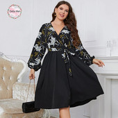 Della Mel didelio dydžio suknelės moterims 2022 m. laisvalaikio V kaklo ilgomis rankovėmis Elegantiška vakarėliui skirta senovinė didelio dydžio moteriška midi suknelė 3XL 4XL