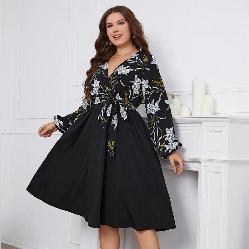 Della Mel didelio dydžio suknelės moterims 2022 m. laisvalaikio V kaklo ilgomis rankovėmis Elegantiška vakarėliui skirta senovinė didelio dydžio moteriška midi suknelė 3XL 4XL