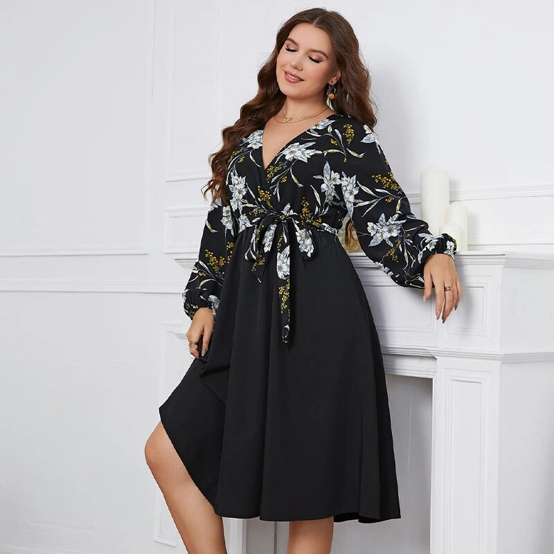 Della Mel didelio dydžio suknelės moterims 2022 m. laisvalaikio V kaklo ilgomis rankovėmis Elegantiška vakarėliui skirta senovinė didelio dydžio moteriška midi suknelė 3XL 4XL