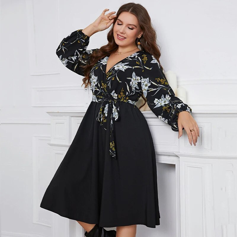 Della Mel didelio dydžio suknelės moterims 2022 m. laisvalaikio V kaklo ilgomis rankovėmis Elegantiška vakarėliui skirta senovinė didelio dydžio moteriška midi suknelė 3XL 4XL