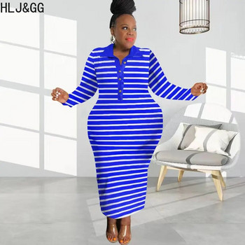 HLJ&GG Plus Size Γυναικεία Ρούχα XL-5XL Φθινοπωρινά γυναικεία ρούχα με γιακά με κουμπιά μακριά μανίκια λεπτά φορέματα Casual ρίγες Bodycon Vestidos