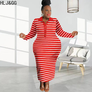 HLJ&GG Plus Size Γυναικεία Ρούχα XL-5XL Φθινοπωρινά γυναικεία ρούχα με γιακά με κουμπιά μακριά μανίκια λεπτά φορέματα Casual ρίγες Bodycon Vestidos