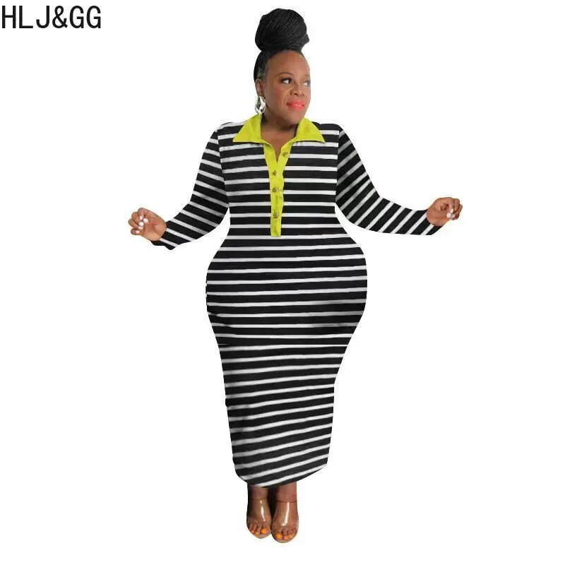 HLJ&GG Didelio dydžio Moteriški drabužiai XL-5XL Rudeniai nuleidžiami apykaklės mygtukai ilgomis rankovėmis plonos suknelės Kasdieninės juostelės raštu Bodycon Vestidos