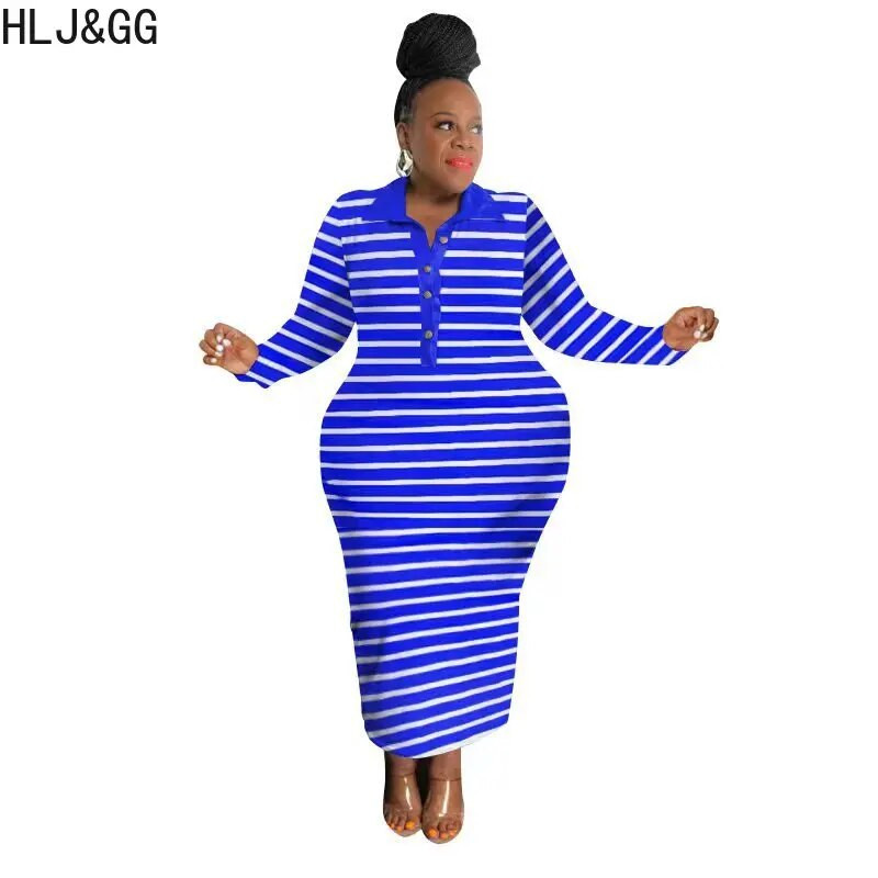 HLJ&GG Didelio dydžio Moteriški drabužiai XL-5XL Rudeniai nuleidžiami apykaklės mygtukai ilgomis rankovėmis plonos suknelės Kasdieninės juostelės raštu Bodycon Vestidos