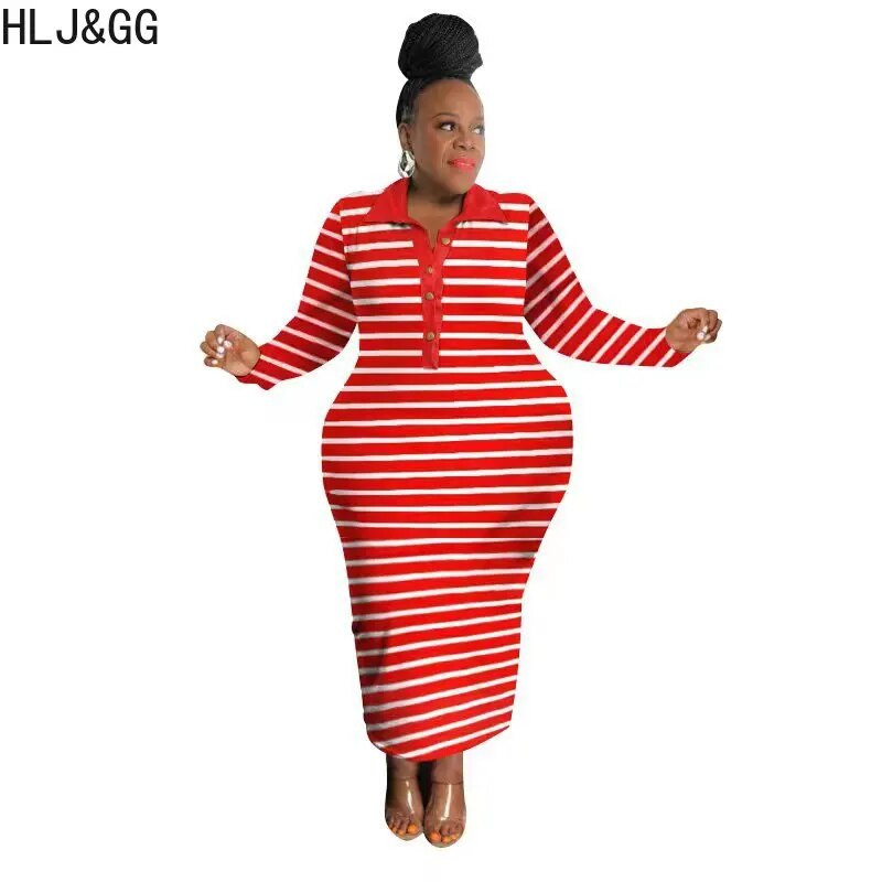 HLJ&GG Didelio dydžio Moteriški drabužiai XL-5XL Rudeniai nuleidžiami apykaklės mygtukai ilgomis rankovėmis plonos suknelės Kasdieninės juostelės raštu Bodycon Vestidos