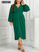 GIBSIE suures suuruses elegantne V-kaelusega laternaga varrukatega kleit naistele kevad-sügis rusikas kõrge vöökohaga vabaaja kokteilipeo-töö pikad kleidid