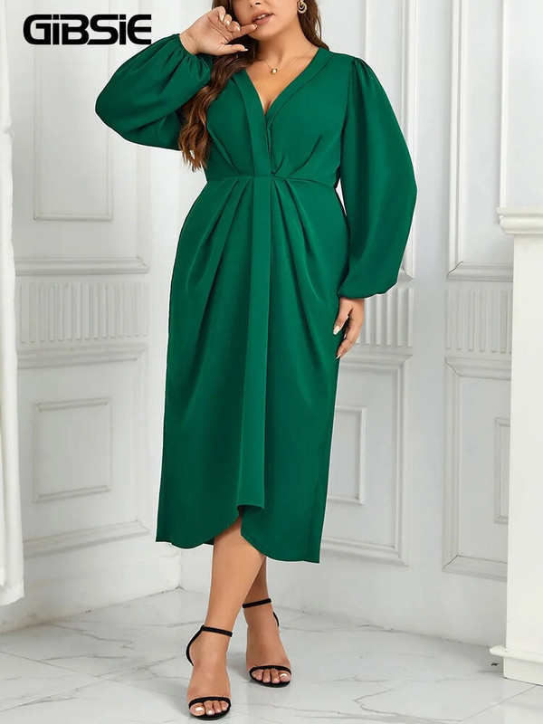GIBSIE suures suuruses elegantne V-kaelusega laternaga varrukatega kleit naistele kevad-sügis rusikas kõrge vöökohaga vabaaja kokteilipeo-töö pikad kleidid
