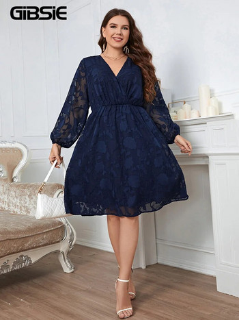 GIBSIE Plus Size Surplice Λαιμόκοψη Διαφανές Διχτυωτό Φόρεμα με φανάρι Γυναικείο Άνοιξη Καλοκαίρι Κομψά ελαστικά γυναικεία φορέματα Midi A-Line