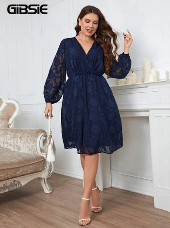 GIBSIE Plus Size Surplice Λαιμόκοψη Διαφανές Διχτυωτό Φόρεμα με φανάρι Γυναικείο Άνοιξη Καλοκαίρι Κομψά ελαστικά γυναικεία φορέματα Midi A-Line