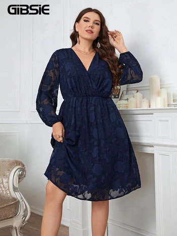 GIBSIE Plus Size Surplice Λαιμόκοψη Διαφανές Διχτυωτό Φόρεμα με φανάρι Γυναικείο Άνοιξη Καλοκαίρι Κομψά ελαστικά γυναικεία φορέματα Midi A-Line