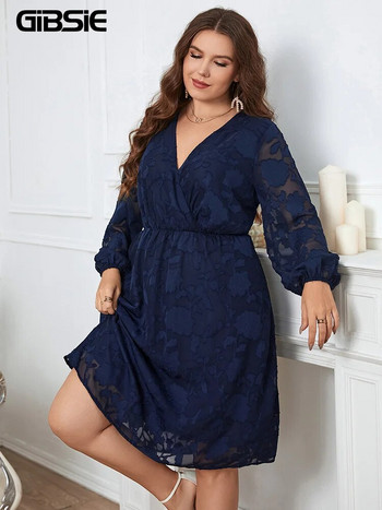 GIBSIE Plus Size Surplice Λαιμόκοψη Διαφανές Διχτυωτό Φόρεμα με φανάρι Γυναικείο Άνοιξη Καλοκαίρι Κομψά ελαστικά γυναικεία φορέματα Midi A-Line