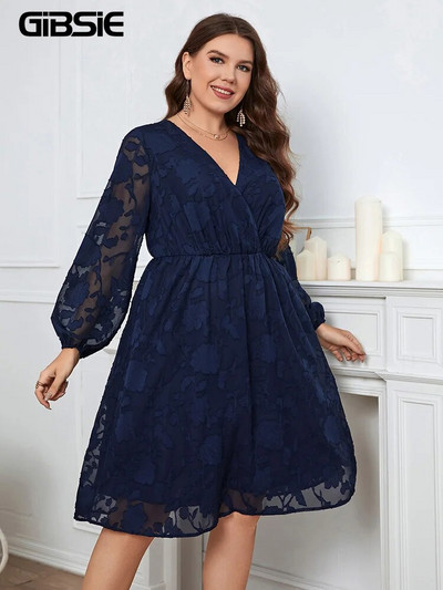 GIBSIE Plus Size Surplice kaelus läbipaistev võrkkangast latern varrukatega kleit naiste kevadsuvi elegantsed elastsed naiste A-joonega Midi kleidid