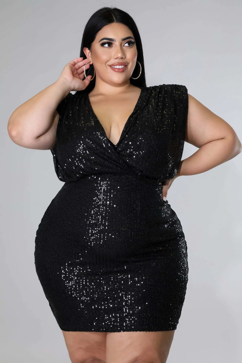 Moteriškos didelio dydžio suknelės su juodais karoliukais Sexy Deep V be rankovių klubus apvyniojantis sijonas Moteriška vakarinė suknelė Didelė mini blizgučiai