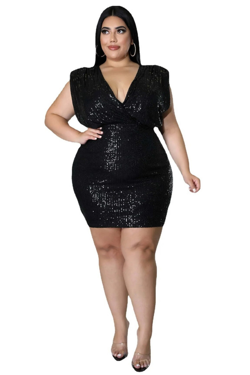 Moteriškos didelio dydžio suknelės su juodais karoliukais Sexy Deep V be rankovių klubus apvyniojantis sijonas Moteriška vakarinė suknelė Didelė mini blizgučiai