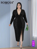 SOMOIA Didelio dydžio Moteriški Drabužiai Madingi Dizainas Ilgas sijonas Gimtadienio vakarienė Blizgučiai Aksominis V formos kaklelis ilgomis rankovėmis Suknelės Vakarėliui