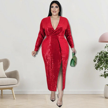 Γυναικεία ρούχα SOMOIA Plus Size Σχέδιο μόδας Μακριά φούστα γενεθλίων Δείπνο παγιέτα βελούδινη λαιμόκοψη Φορέματα πάρτι με μακρυμάνικο φόρεμα