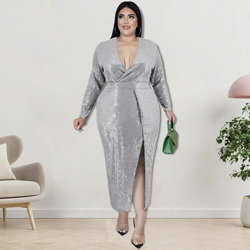 Γυναικεία ρούχα SOMOIA Plus Size Σχέδιο μόδας Μακριά φούστα γενεθλίων Δείπνο παγιέτα βελούδινη λαιμόκοψη Φορέματα πάρτι με μακρυμάνικο φόρεμα