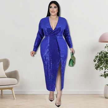 Γυναικεία ρούχα SOMOIA Plus Size Σχέδιο μόδας Μακριά φούστα γενεθλίων Δείπνο παγιέτα βελούδινη λαιμόκοψη Φορέματα πάρτι με μακρυμάνικο φόρεμα