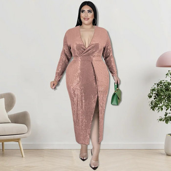 Γυναικεία ρούχα SOMOIA Plus Size Σχέδιο μόδας Μακριά φούστα γενεθλίων Δείπνο παγιέτα βελούδινη λαιμόκοψη Φορέματα πάρτι με μακρυμάνικο φόρεμα