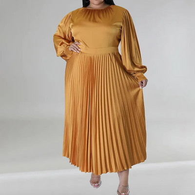 Ρούχα σε μεγάλο μέγεθος Γυναικεία μεταξωτά σαν ύφασμα πιέτες νεράιδα φούστα Μόδα Φθινόπωρο Χειμώνας στρογγυλή λαιμόκοψη Μασίφ μακρυμάνικο πάρτι