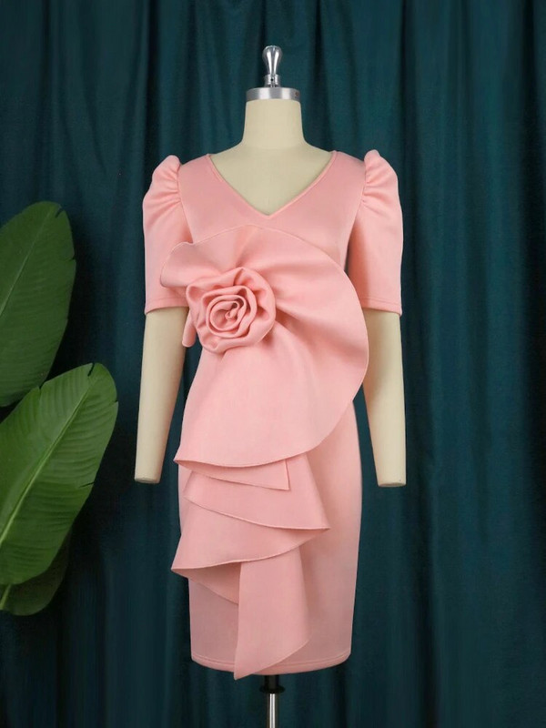 Rožinės didelio dydžio suknelės, moteriškos V kaklo trumpomis pūstomis rankovėmis, didelėmis gėlėmis iki kelių aprangos, skirtos Moterų vakaro gimtadienio vakarėliui 4XL