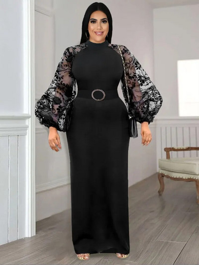 Mustad pikad kleidid, suur suurus 3XL 4XL, läbipaistev pikkade varrukatega kõrge vöökoht Bodycon õhtuste kokteiliürituste peokleidid naistele