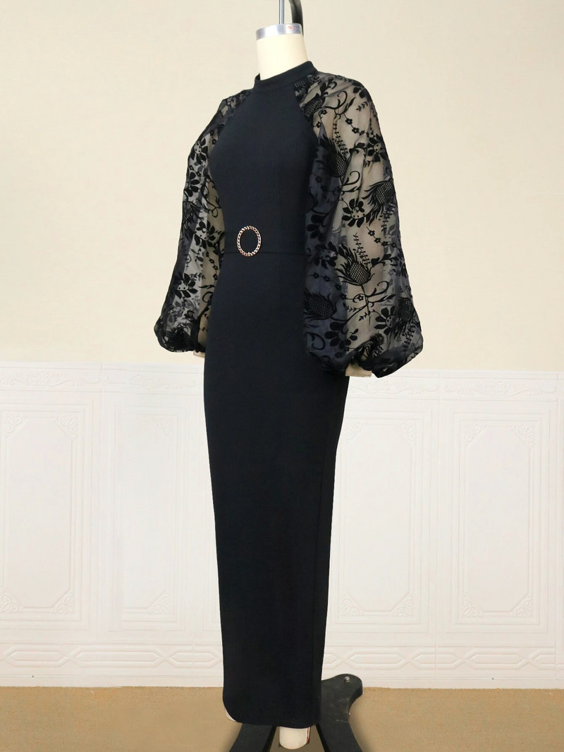 Crne duge haljine plus veličine 3XL 4XL prozirne dugih rukava visokog struka uz kroj Večernje koktel haljine za žene