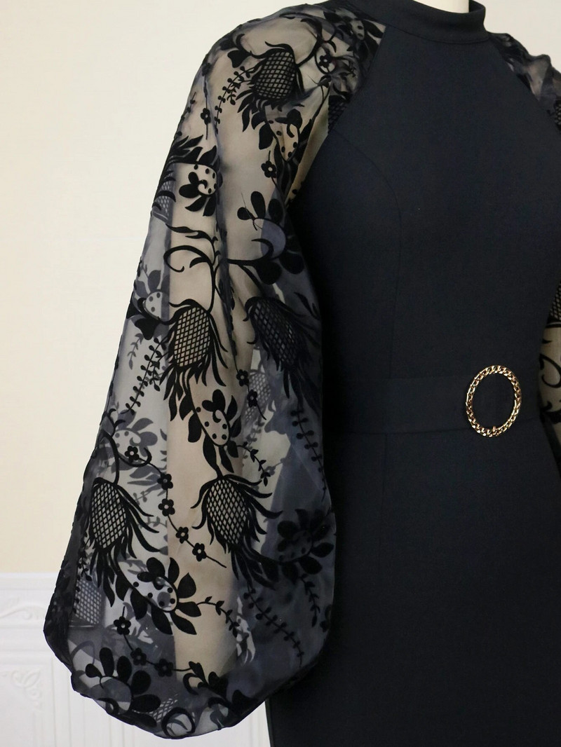 Crne duge haljine plus veličine 3XL 4XL prozirne dugih rukava visokog struka uz kroj Večernje koktel haljine za žene