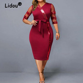 Naistele Suures suuruses kleit Naistele ühevärviline Seksikas vibuline Midi Kleit Femme Punane Vintage Paelad Satiin Sifooni Temperament Naiste riided