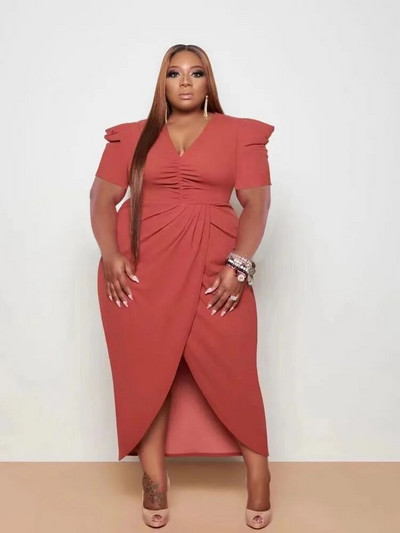 ZJFZML ZZ Didelio dydžio moteriški drabužiai su V kaklu, trumpomis pūstomis rankovėmis aukštu juosmeniu, raižytas priekyje.