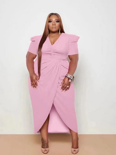 ZJFZML ZZ Didelio dydžio moteriški drabužiai su V kaklu, trumpomis pūstomis rankovėmis aukštu juosmeniu, raižytas priekyje.