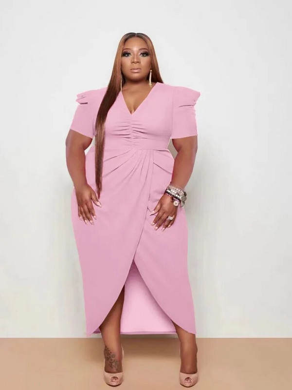 ZJFZML ZZ Didelio dydžio moteriški drabužiai su V kaklu, trumpomis pūstomis rankovėmis aukštu juosmeniu, raižytas priekyje.