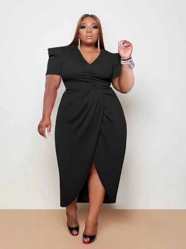 ZJFZML ZZ Didelio dydžio moteriški drabužiai su V kaklu, trumpomis pūstomis rankovėmis aukštu juosmeniu, raižytas priekyje.