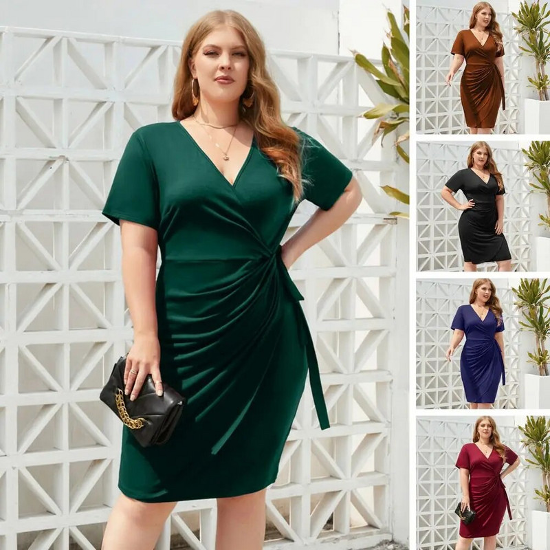 Ženska haljina velike veličine V-izrez kratkih rukava Elegantna haljina visokog struka Bočna plisirana haljina do koljena