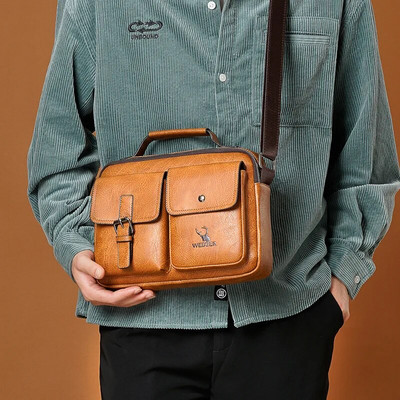 Мъжка чанта през рамо PU кожена мъжка ретро месинджър куфарче бизнес чанта Boston куфарчета квадратна чанта през рамо