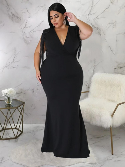 Elegantne večernje haljine velikih veličina, seksi V izrez s resama, bez rukava, visoki struk, ženske koktel zabave, duge maturalne večeri Ourfits 4XL Novo