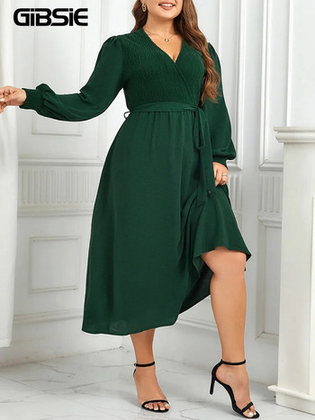 GIBSIE Plus Size Ανοιξιάτικο φθινοπωρινό φόρεμα για γυναίκες 2023 Winter Wrap V λαιμόκοψη με μακρύ μανίκι Κομψά Swing A-Line Maxi Φορέματα με ζώνη