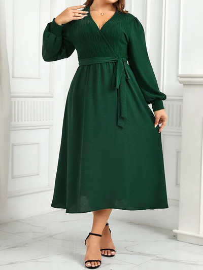 GIBSIE Proljetno-jesenska ženska haljina veće veličine 2023., zimska haljina s omotom, V-izrezom i dugim rukavima, elegantne ljuljajuće maksi haljine A-kroja s remenom