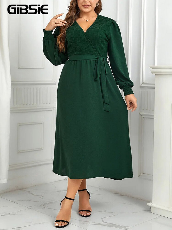 GIBSIE Proljetno-jesenska ženska haljina veće veličine 2023., zimska haljina s omotom, V-izrezom i dugim rukavima, elegantne ljuljajuće maksi haljine A-kroja s remenom