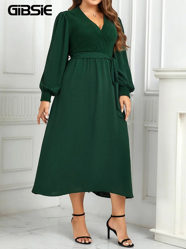 GIBSIE Proljetno-jesenska ženska haljina veće veličine 2023., zimska haljina s omotom, V-izrezom i dugim rukavima, elegantne ljuljajuće maksi haljine A-kroja s remenom