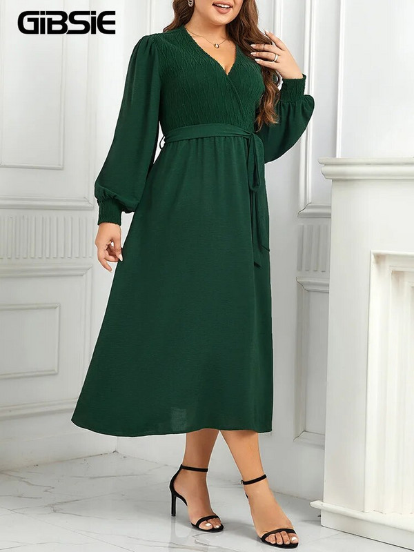 GIBSIE Proljetno-jesenska ženska haljina veće veličine 2023., zimska haljina s omotom, V-izrezom i dugim rukavima, elegantne ljuljajuće maksi haljine A-kroja s remenom