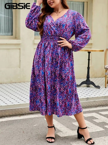 GIBSIE Plus Size Boho Causal Print Μακρύ Φόρεμα Περιτύλιγμα V Λαιμού Ολόσωμο μανίκι με φανάρι Κομψά ψηλόμεση σε γραμμή Α για γυναίκες 2023