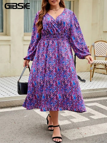 GIBSIE Plus Size Boho Causal Print Μακρύ Φόρεμα Περιτύλιγμα V Λαιμού Ολόσωμο μανίκι με φανάρι Κομψά ψηλόμεση σε γραμμή Α για γυναίκες 2023