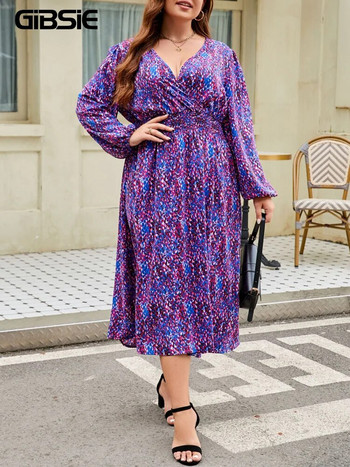 GIBSIE Plus Size Boho Causal Print Μακρύ Φόρεμα Περιτύλιγμα V Λαιμού Ολόσωμο μανίκι με φανάρι Κομψά ψηλόμεση σε γραμμή Α για γυναίκες 2023