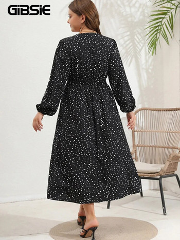 GIBSIE Plus Size Polka Dot Φόρεμα με φανάρι με μανίκια V λαιμόκοψη Κομψά μακρυά φορέματα ψηλόμεσης γραμμής Α για την άνοιξη το φθινόπωρο