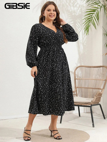 GIBSIE Plus Size Polka Dot Φόρεμα με φανάρι με μανίκια V λαιμόκοψη Κομψά μακρυά φορέματα ψηλόμεσης γραμμής Α για την άνοιξη το φθινόπωρο