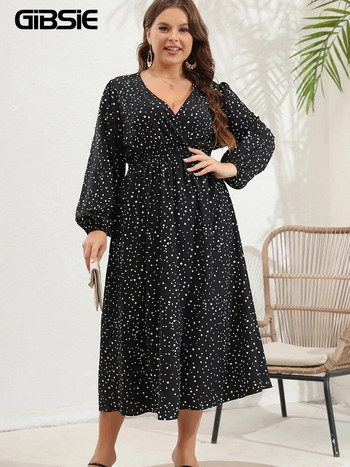 GIBSIE Plus Size Polka Dot Φόρεμα με φανάρι με μανίκια V λαιμόκοψη Κομψά μακρυά φορέματα ψηλόμεσης γραμμής Α για την άνοιξη το φθινόπωρο