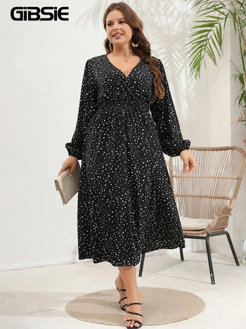 GIBSIE Plus Size Polka Dot Φόρεμα με φανάρι με μανίκια V λαιμόκοψη Κομψά μακρυά φορέματα ψηλόμεσης γραμμής Α για την άνοιξη το φθινόπωρο