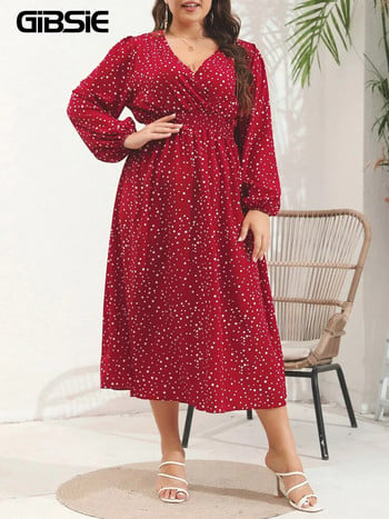 GIBSIE Plus Size Polka Dot Φόρεμα με φανάρι με μανίκια V λαιμόκοψη Κομψά μακρυά φορέματα ψηλόμεσης γραμμής Α για την άνοιξη το φθινόπωρο