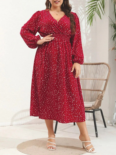 GIBSIE Plus Size täpiline laternaga varrukatega V-kaelusega kleit naiste elegantne kõrge vöökohaga A-joonega lendlevad pikad kleidid kevadsügiseks